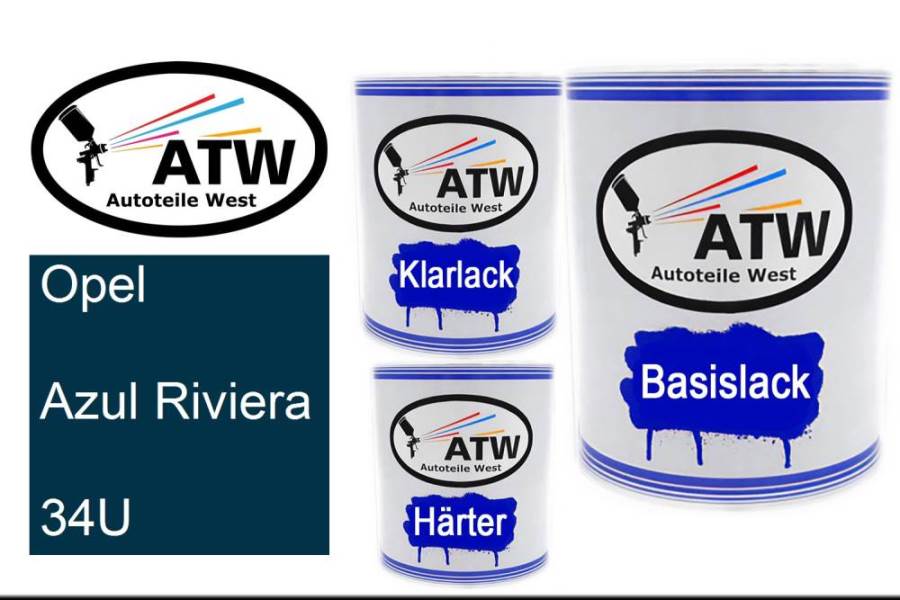 Opel, Azul Riviera, 34U: 1L Lackdose + 1L Klarlack + 500ml Härter - Set, von ATW Autoteile West.